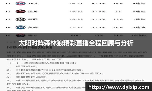 太阳对阵森林狼精彩直播全程回顾与分析